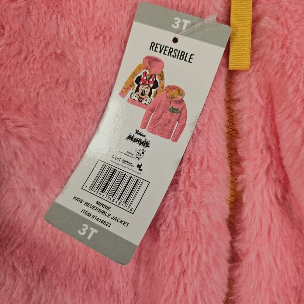 Disney Junior Minnie Mouse‎ Reversible Puffer Jacket Yellow Floral Pink 3T New